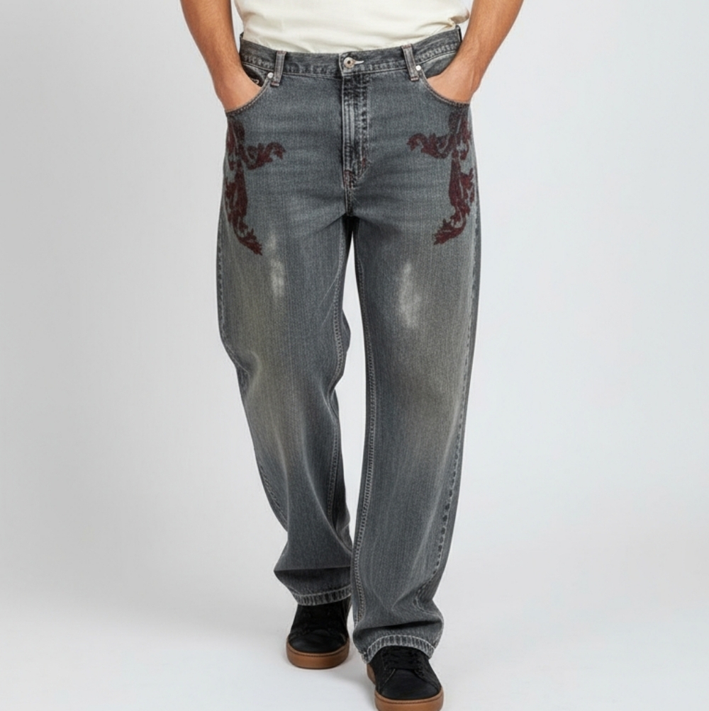 Ebolution in Design Sz 44 Red Dragon print grunge distressed Y2K black baggy